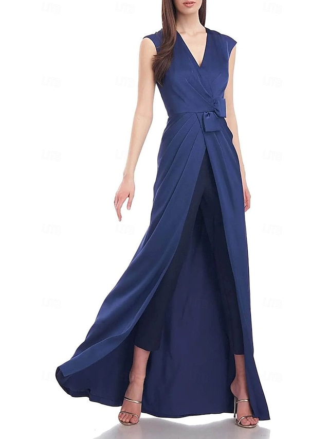  Formális Tüll Alj Jumpsuit Estélyi Ruha Elegáns Ruha Esküvői Vendég Padlós Hosszon Ujjatlan V Nyakú Sátán Masnival Ráncolva