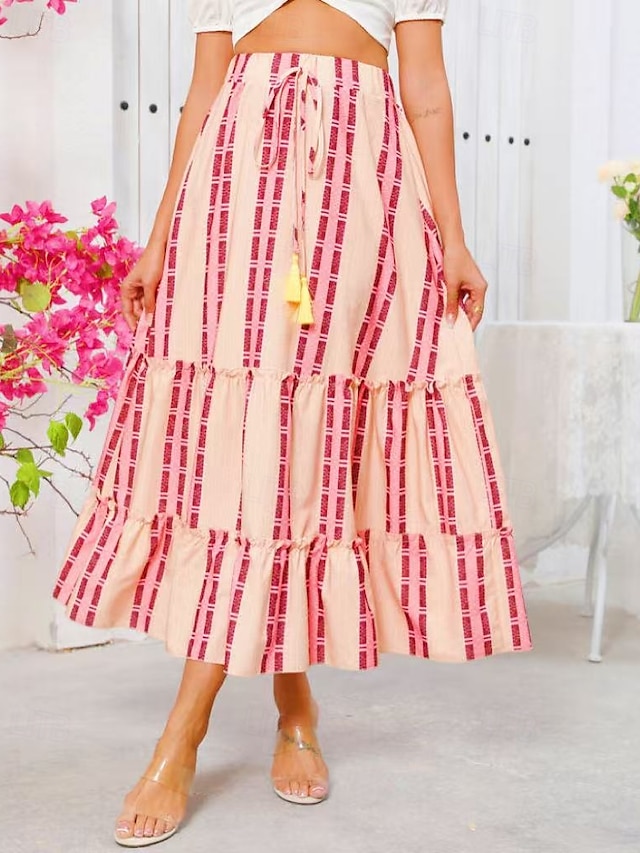  Women's Long Skirt Bohemia Boho Long Maxi High Waist Skirts Graphic Color Block Patchwork Print Micro-elastic Holiday Beach Yellow Summer Polyester