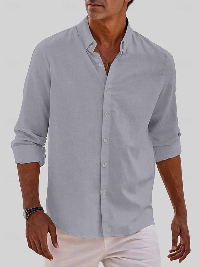  Herr Klassisk Strand T-shirt Casual skjorta Standardpassform Långärmad Kavajslag Ensfärgat Linne i bomull Vit Beige Grå 2025