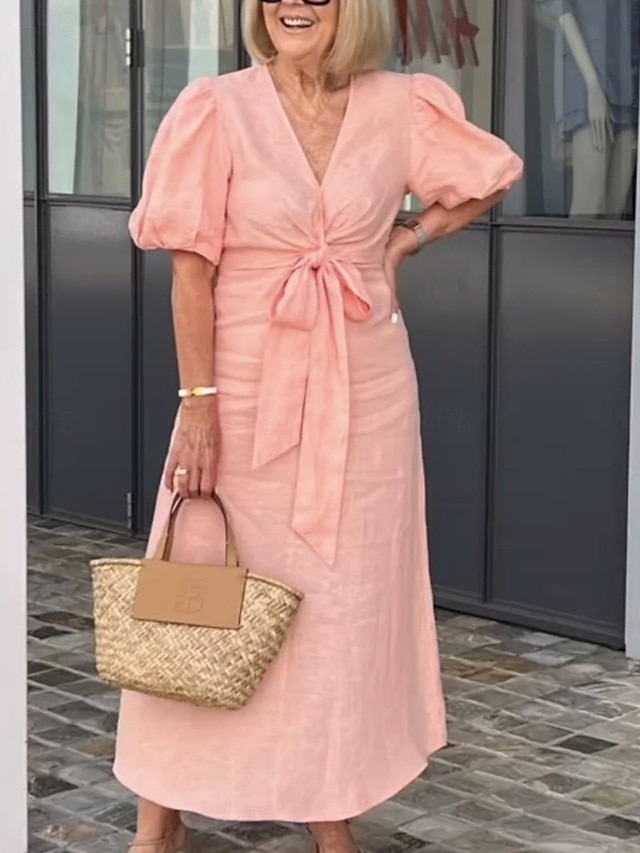  Women's Maxi Dress A Line Dress Solid Color Summer Dress Puff Sleeve Dress Basic Casual Puff Sleeve Vacation Daily Regular Fit Graphic Short Sleeve V Neck Black White Yellow Pink Summer