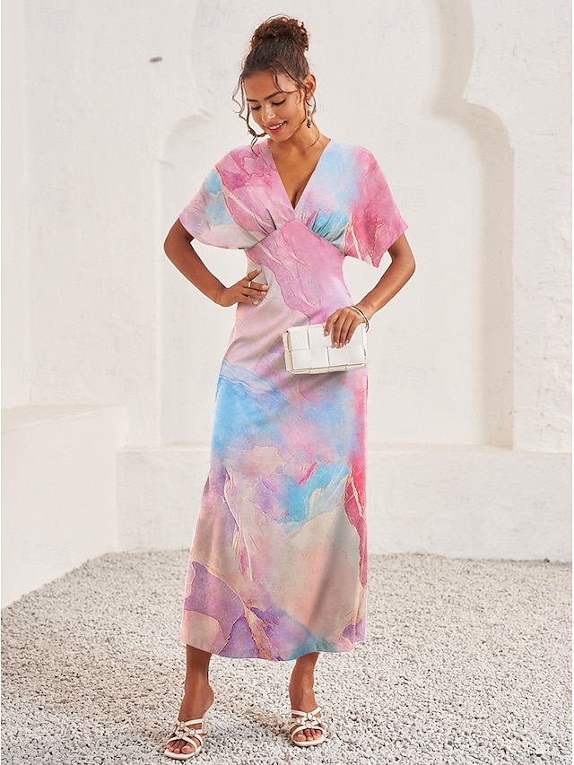  Pentru femei Rochii Midi Rochie teacă Elegant Mânecă evazată Vacanță Casual Dată Fit regulat Ombre Manșon scurt În V Roz Îmbujorat Vară