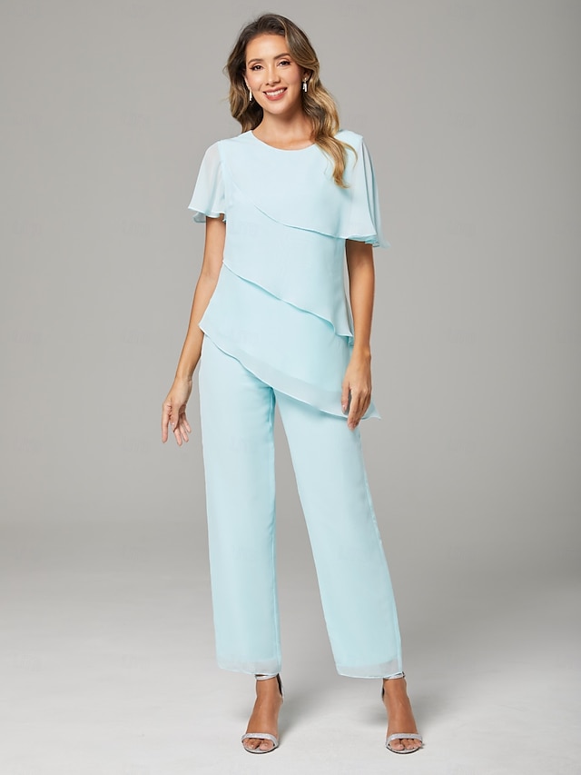  Combinaison  Tailleur Deux Pièces Mère de la Mariée Élégant Grande Taille Col Bijou Longueur de Sol Chiffon Manches Courtes avec Volants Cascadants 2025