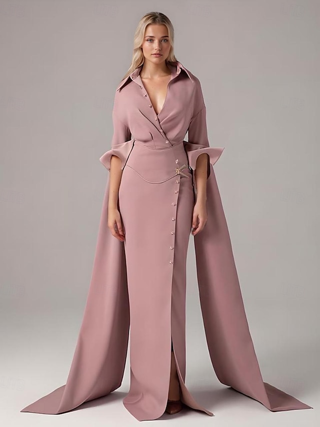  Zeemeermin  Trompet Moeder van de Bruid Jurk Bruiloft Gast Elegante Eenvoudige Minimalistische V-Hals Shirt Kraag Vloerlengte Satijnen Crepe Lange Mouwen met Knopen