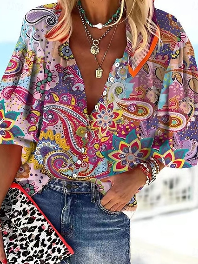  Per donna Camicia Blusa Pop art Elegante Giornaliero Moda Manica a 3/4 Collo alto Top regolari Giornaliero Per eventi Per uscire Bottoni Rosso Verde Arcobaleno Grigio Estate Primavera Autunno