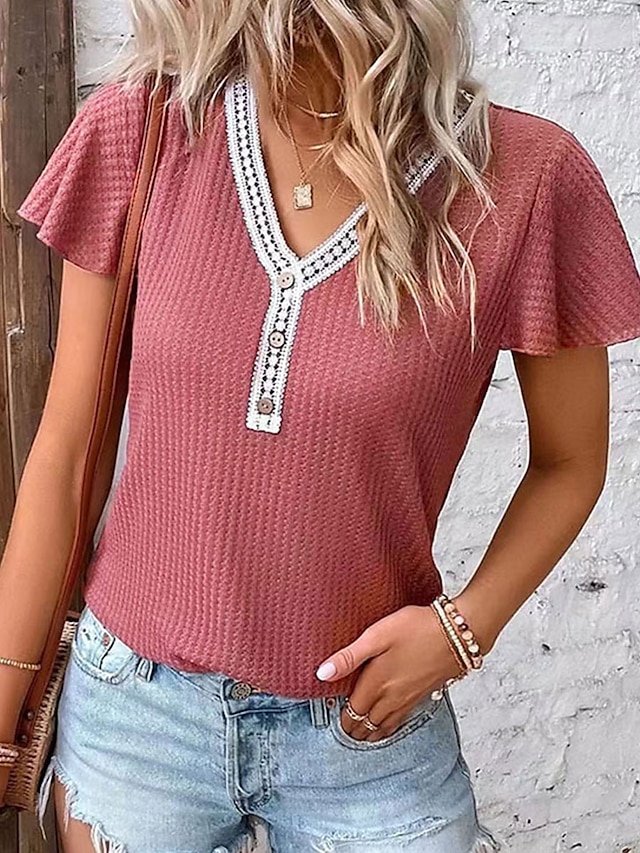  Femme T shirt Plein Mode Moderne Décontractées Manche Courte Col V Hauts réguliers du quotidien Fin de semaine Patchwork Noir Blanche Rose Claire Eté Printemps