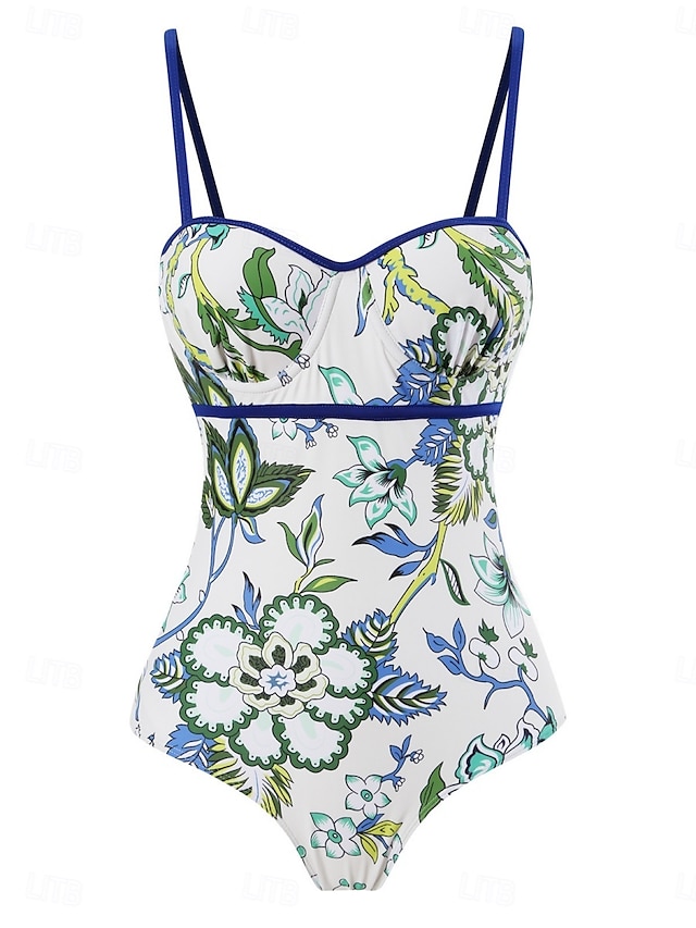  Dam Badkläder En bit Monokini Baddräkt Öppen rygg Magkontroll Hög midja Smal Semester Standkläder Blommig V-hals Ärmlös Baddräkter