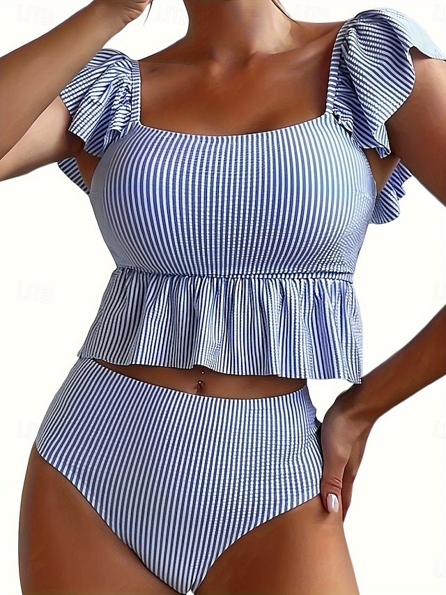  Dame Badetøy Bikini 2 stk Underbukser Badedrakt Åpen rygg Tynn Høy midje Ferie Strand Klær Stripe Ermeløs Badedrakter