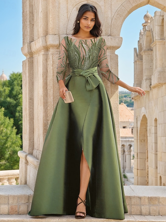  Meerjungfrau/Trompete Abendkleid abnehmbarer Überrock formelle Hochzeit bodenlang 3/4 Ärmel Rundhals Satin Perlen Spitze mit Schlitz 2025