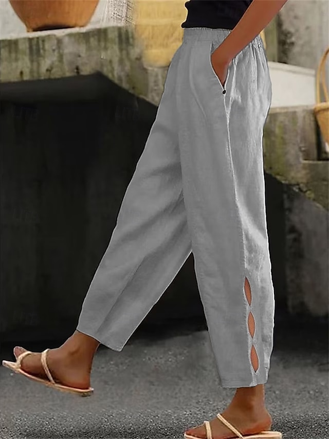  女性用 コットンリネンパンツ チノパン ファッション ストリートファッション 足首丈 ハイウエスト 平織り ポケット 弾性ウエストバンド 快適 ソフト マイクロエラスティック アウトドア ストリート ダークブラウン ディープグリーン ワイン ロビンエッグブルー 夏 春 レギュラー