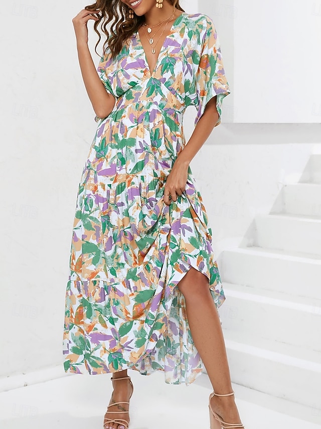  Damskie Sukienka maxi Codzienne sukienki Sukienka A line Elegancki Codzienny Urlop Codzienny Regularny Kwiaty Rękaw 1/2 W serek Niebieski Lato