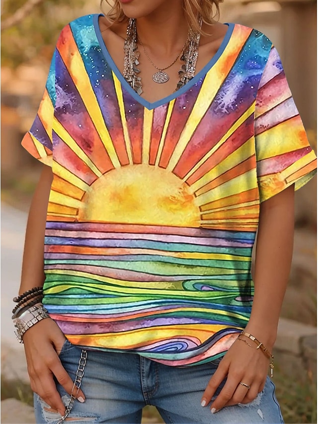  Femme T shirt A Ombre Décontractées Manche Courte Col V Hauts réguliers du quotidien Imprimer Jaune Eté