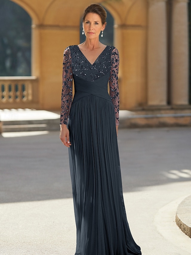  Vestido A-Línea Vestido de la Madre de la Novia Elegante Vintage Cuello en V Larga Chifón Manga Larga con Bordado de Lentejuelas de Flores