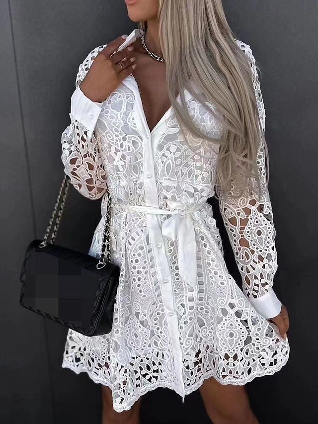  Women's Mini Dress Lace Dress A Line Dress Boho Dress Basic Casual Vacation Daily Regular Fit Plain Long Sleeve Square Neck Black White Khaki Summer