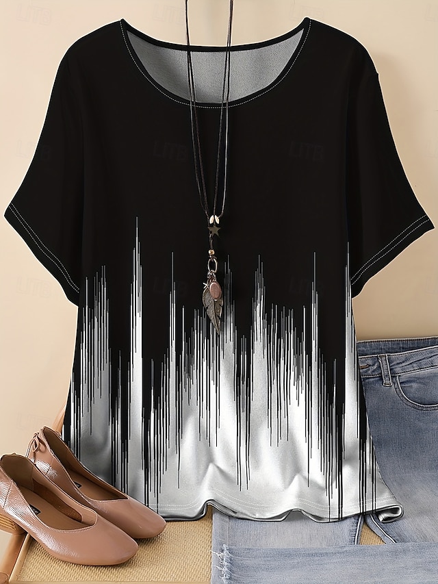  Blouse femme ombrée élégante décontractée à manches courtes col rond hauts réguliers impression quotidienne noire été
