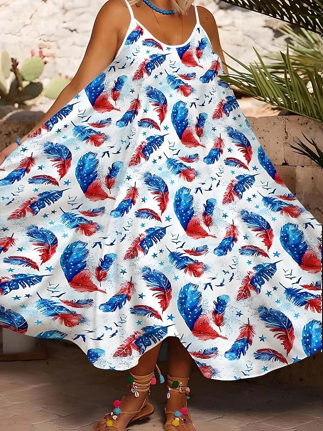  Independence Day Women's Midi Dress Sundress Summer Dress Slip Dress Fit And Flare Dress Vacation Casual Boho Cold Shoulder Vacation Party Casual Oversized Graphic Flag Feather Sleeveless