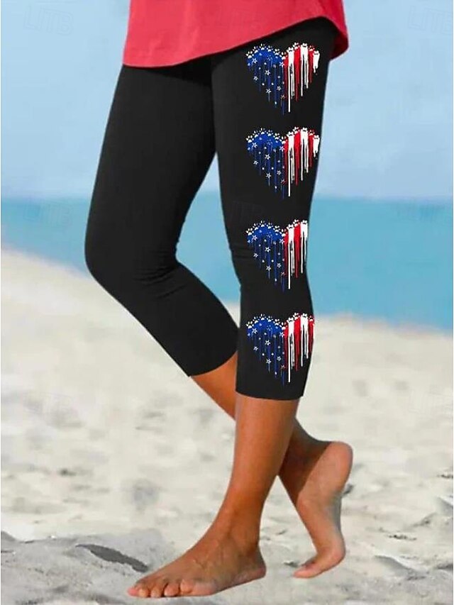  Självständighetsdagen Kvinnors Patriotiska Fjärde Juli Leggings Capri Byxor Hög Elasticitet Streetwear Helt Längd Hög Midja Byxor Påsk Flagga Tryck Termisk Varm Andas Mjuk Utomhus Daglig Svart Grå