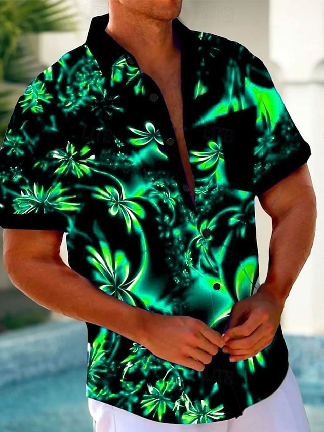  Homme Floral Chemise hawaïenne Chemise Aloha Manche Courte Hawaïen Station balnéaire Casual Eté Printemps Col rabattu Boutonner Poche Noir Bleu Violet Vert