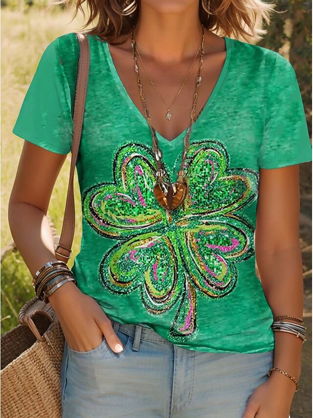 St. Patrick Women's T Shirt Floral Shamrock Stylish Casual Short Sleeve V Neck Regular Tops Daily Print Green Summer2