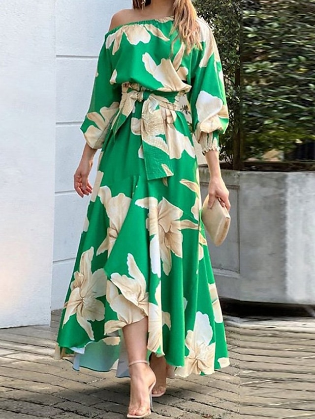  Damen Midikleid Wickelkleid A Linie Kleid Figurbetontes Kleid Schulterfreies Kleid Urlaub Urlaub Täglich Regular Fit Blumen Graphic Langarm Ein-Schulter Gelb Grün Sommer