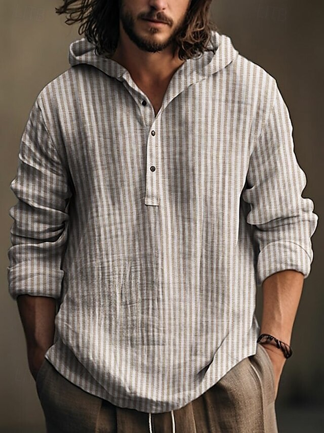 Men's Button Up Shirt Hooded Shirt Black khaki Long Sleeve Stripes Hooded Vacation Casual Hooded Clothing Apparel Polyester Fashion3