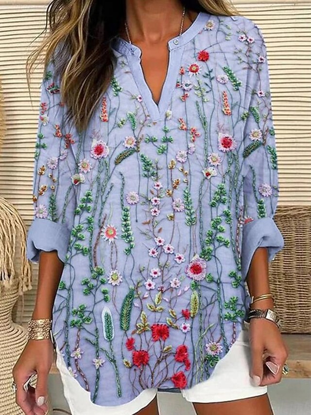 Women's Blouse Tunic V Neck Long Sleeve Boho Casual Tops 3D Print Graphic Animal Vintage Tropical Regular Tops Daily Wear Print Purple3