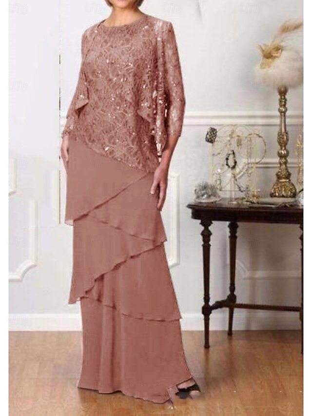 Two Piece A-Line Mother of the Bride Dress Elegant Jewel Neck Floor ...