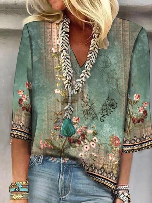  Dame skjorte knappebluse blomster daglig grunnleggende 3/4 lengde erme V-hals vanlig topper daglige trykk grønn sommer vår