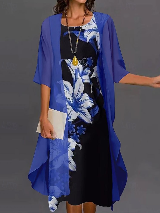  Femme Mode Vêtement de rue Jupe Ensembles Manches 3/4 Cloche Col Ras du Cou Floral Imprimer Usage quotidien Rendez-vous Rouge Bleu Violet Printemps Standard