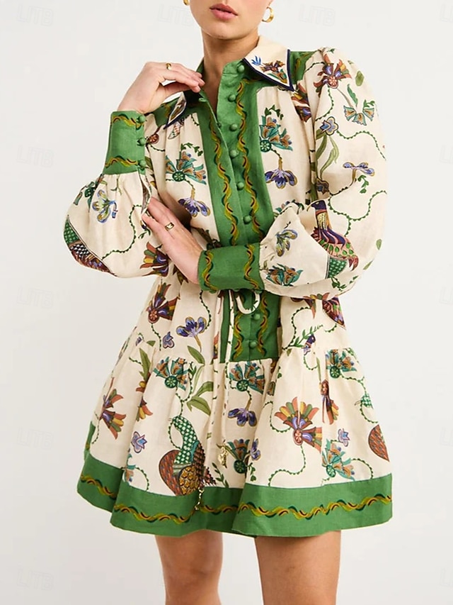  Damen Minikleid A Linie Kleid Sommerkleid Figurbetontes Kleid Kleid mit Puffärmeln Urlaub Cocktail Urlaub Täglich Regular Fit Blumen Graphic Langarm Kargen Grün Sommer