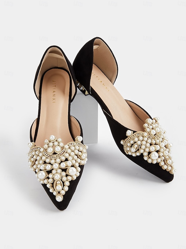  ballerines à bout pointu en satin noir pour femmes avec ornements en perles et cristaux – ballerines de mariée élégantes pour mariages et événements spéciaux