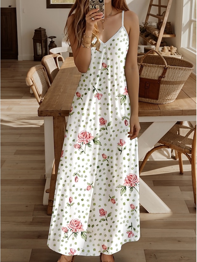  Robe Maxi Femme Robe Décontractée Robe d'été Robe en A Robe Décontractée Fluide Vacances Décontractées Quotidien Coupe Régulière Fleurie Sans Manches Col V Blanc Été Printemps