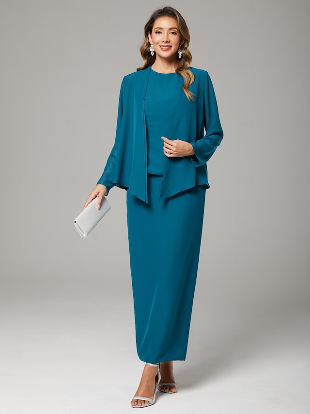  Deux Pièces Fourreau / Colonne Robe de Mère de Mariée  Elégant Encolure dégagée Longueur Sol Mousseline de soie manche longue Echarpe incluse avec Couleur Pleine 2025