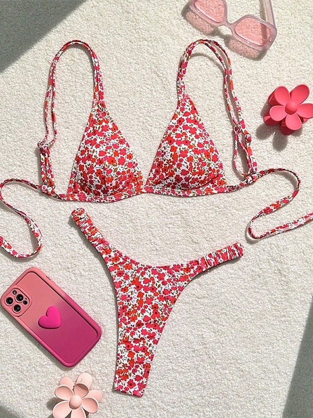  Dames Zwemkleding Bikini 2 stuks String Zwempak Blote rug Slank Vakantie Strand Kleding Bloemig V-hals Mouwloos Badpakken