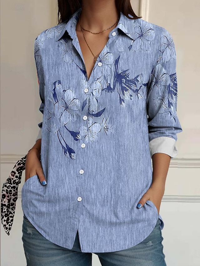  Camisa de Mujer Floral Elegante Vintage Diario de Manga Larga Cuello Regular Tops Regulares Trabajo Diario Tipo Lino Botones Imprimir Azul Verano Primavera
