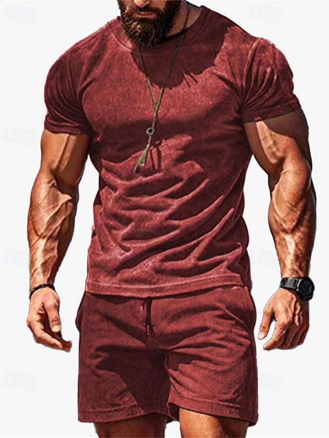  Homens Conjunto de treino Moletom Camiseta e shorts Conjunto Conjunto de roupas Gola Redonda Ao ar livre Diário Esportes Bolsos Com Cordão 2 Peças Côr Sólida Vermelho Vinho Azul Royal Verde Poliéster