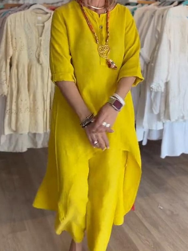  Damen Leinen-inspirierte Kleider Mode Streetwear Alltagskleidung Date Normale Passform Einfarbig Langarm Rundhalsausschnitt Gelb Grün Hellgrau Frühling Herbst