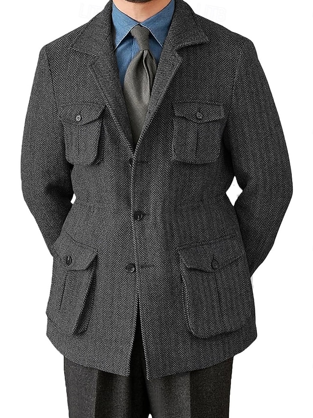  Herre Tweed Blazer Halskrave Retro / vintage Fiskeben Blazer Navyblå Brun Mørkegrå Standard pasform Enkeltradede tre-knapper