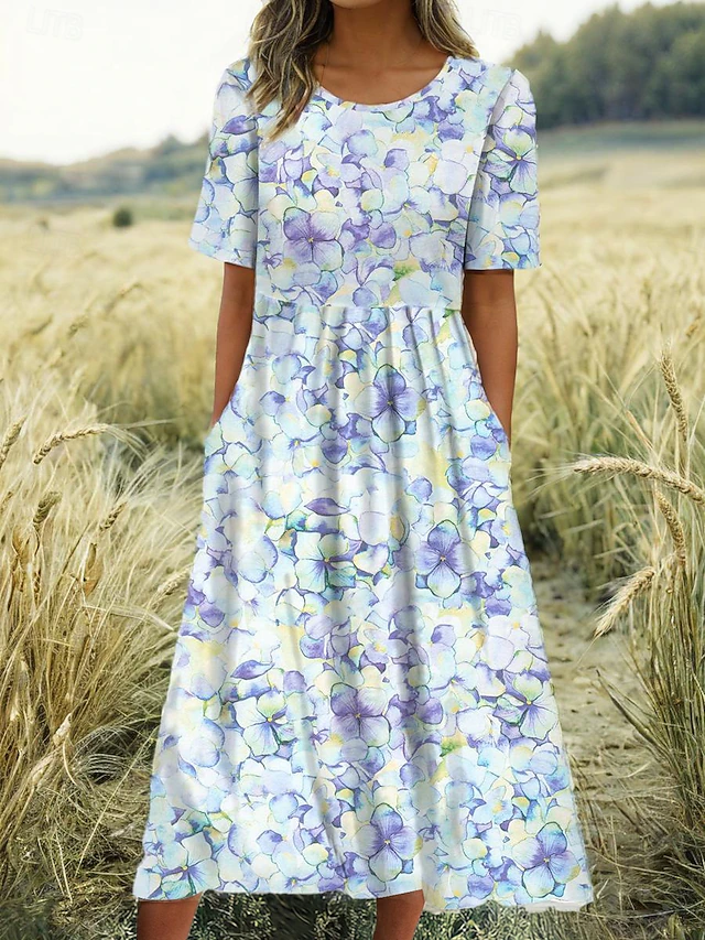 Women's Mini Dress Petite Dress T Shirt Dress Tee Dress A Line Dress Summer Dress Vacation Stylish Casual Vacation Daily Regular Fit Floral Graphic Short Sleeve Crew Neck Light Blue4