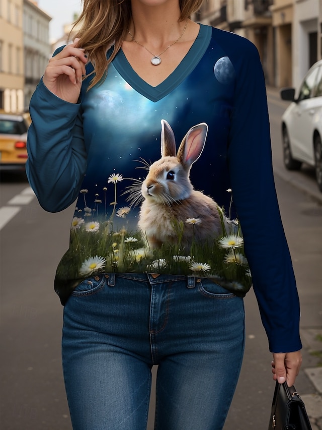 Easter Women's Blouse Ombre Graphic Animal Modern Casual Long Sleeve V Neck Regular Tops Daily Print Blue Summer Spring