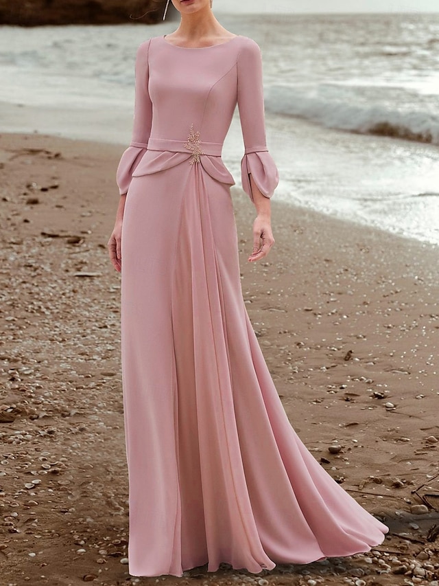  Meerjungfrau  Trompete Mutter der Braut Kleid Elegantes Rundhals Bodenlänge Chiffon Krepp 3/4-Länge Ärmel mit Kristallbrosche 2025