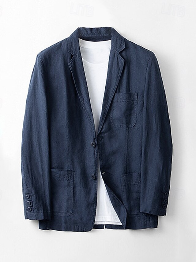 Herre Blazer i 100 % lin Blazer jakke Skole Formell Bryllup Elegant Ferie Sommer Vår 100% Lin Lin Helfarge Enkelt Brystet To-knapp Blazer Mørkegrå Navyblå Beige Lyseblå
