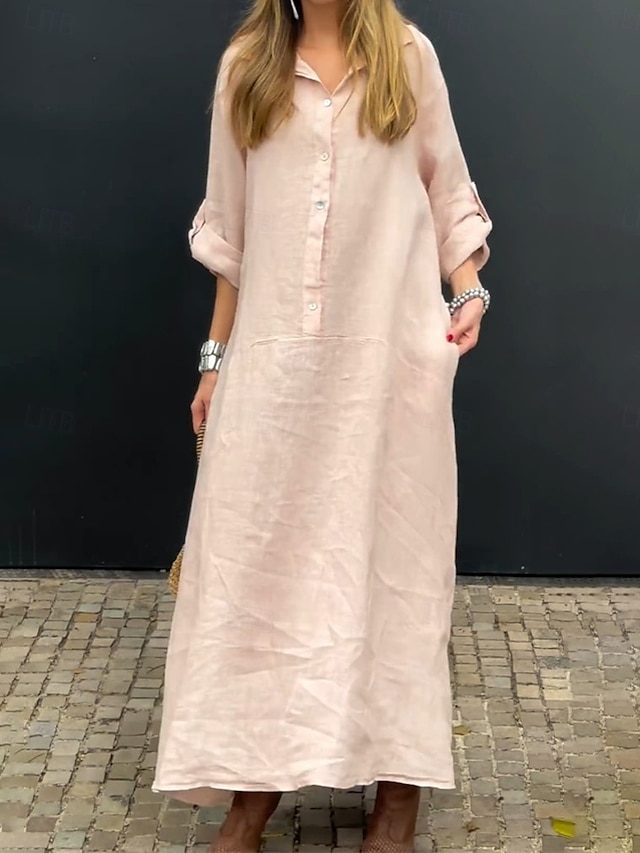  Per donna Vestito maxi Abito chemisier Abito casual Essenziale Informale Da mare Giornaliero Standard Liscio Manica lunga Colletto Rosa Verde Grigio Estate
