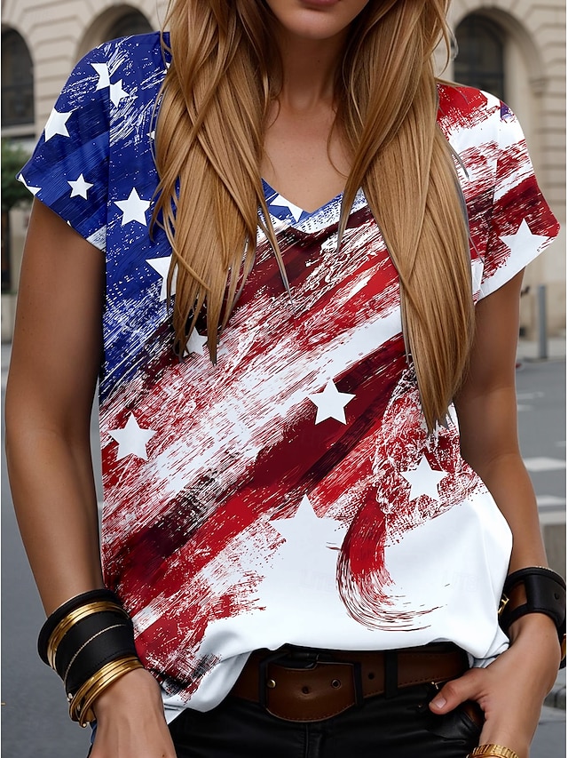  Patriottische T Shirt Vlag Amerikaanse Vlag Nationale Vlag Stijlvol Casual Rood Wit En Blauw Korte Mouw V-Hals Reguliere Tops Dagelijks Print Wijn Zomer Lente