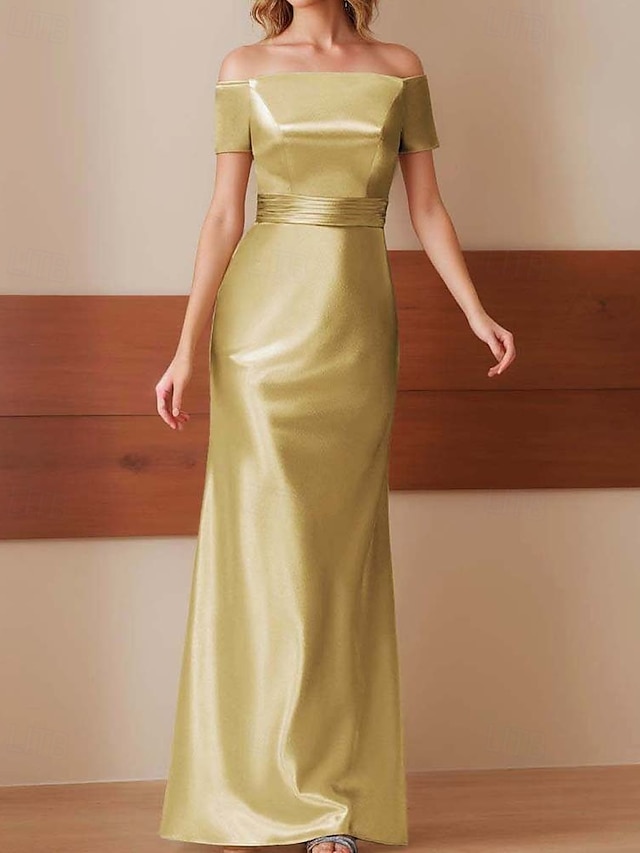 Robe de soirée fourreau Élégante Robe formelle de performance Longueur de sol Manches courtes Off-shoulder Satin glossy