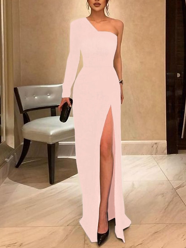 Daffodil One Shoulder Pleated Sheath Formal Dress Sleeveless Floor Length Evening Gown
