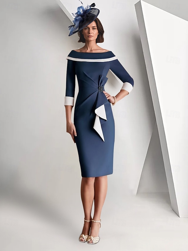  Sheath / Column Mother of the Bride Dress Elegant Vintage Simple Off Shoulder Tea Length Crepe 3/4 Length Sleeve Jacket Dresses with Ruffles Color Block Race Day Dress