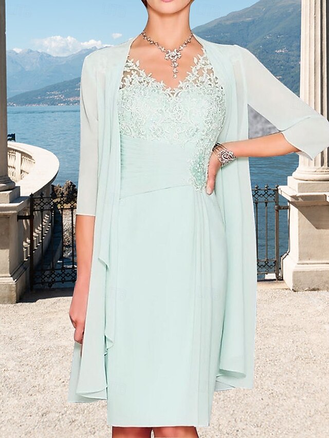  Deux Pièces Fourreau / Colonne Robe de Mère de Mariée  robe demoiselle d honneur Eglise Elégant Col V Mi-long Mousseline de soie Manches 3/4 avec Broderie 2025