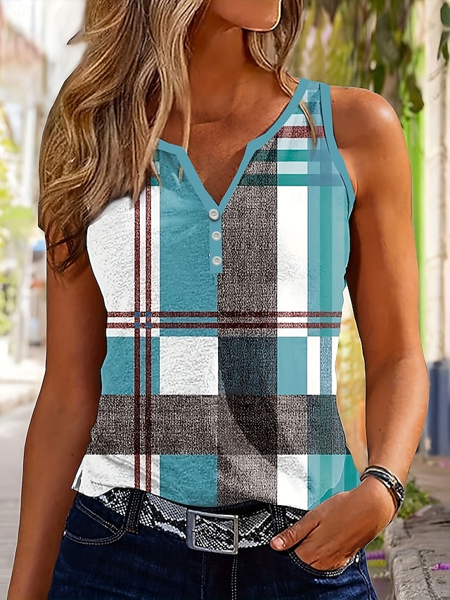  Női camisole ujjatlan tank top kockás napi ujjatlan beugró nyakú napi gombos nyomtatás kék nyár