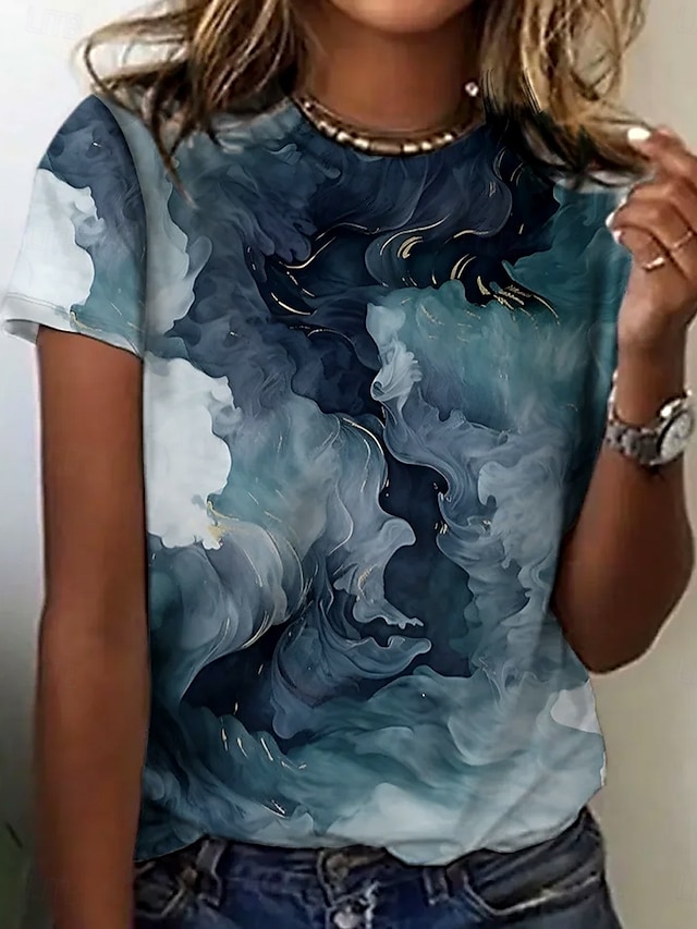  Dame T skjorte Grafisk Batikkfarget Elegant Årgang Mote Kortermet Rund hals Vanlige topper Daglig Ut på byen Helg Trykt mønster Dusty Blue Sommer