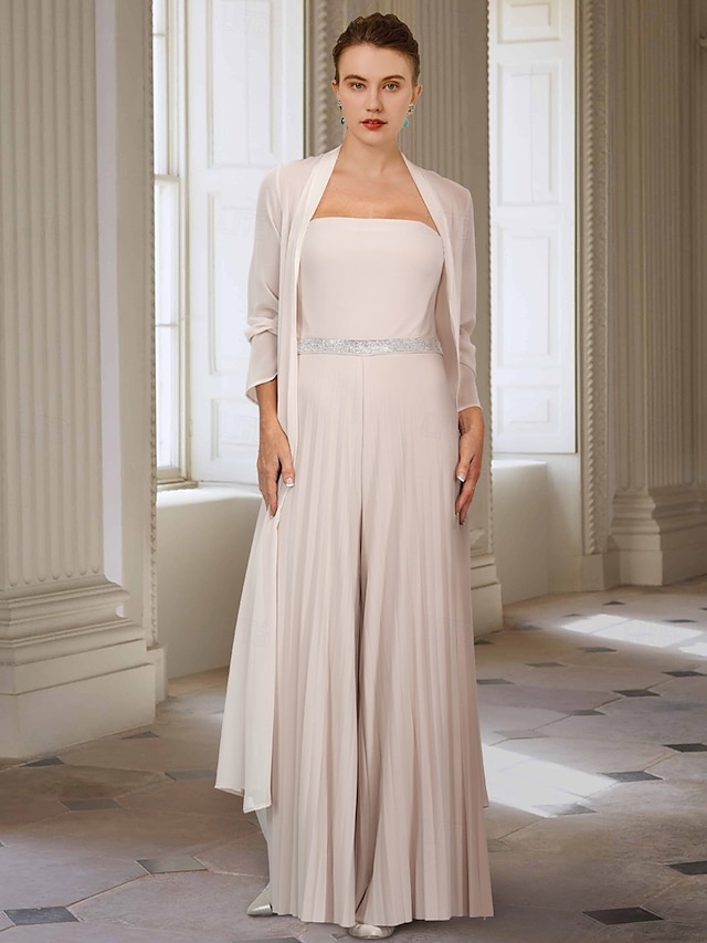  Jumpsuits Mother of the Bride  Wedding Guest Elegant Sweetheart Floor Length Chiffon Long Sleeve Wrap Included Jacket es with Sash / Ribbon Pleats